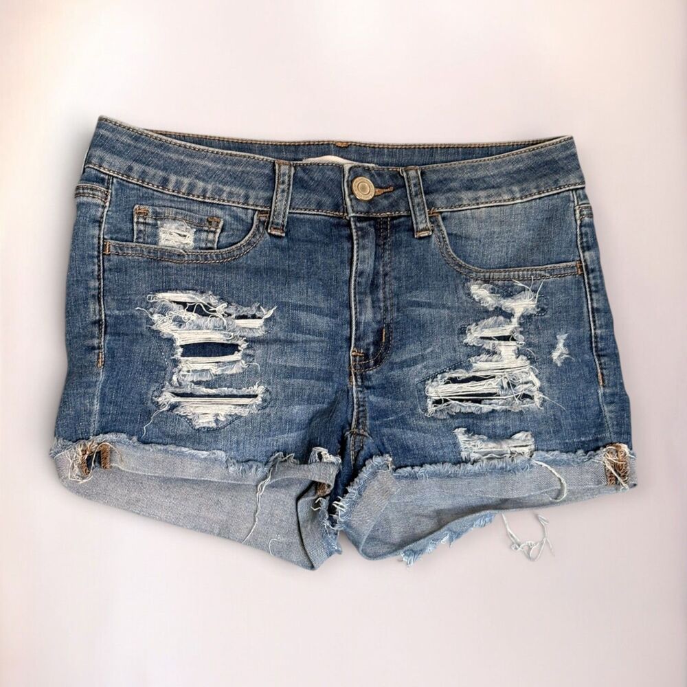 SO Favorite Shortie Jean Shorts Juniors Size 5 Blue Distressed Cuffed Stretch